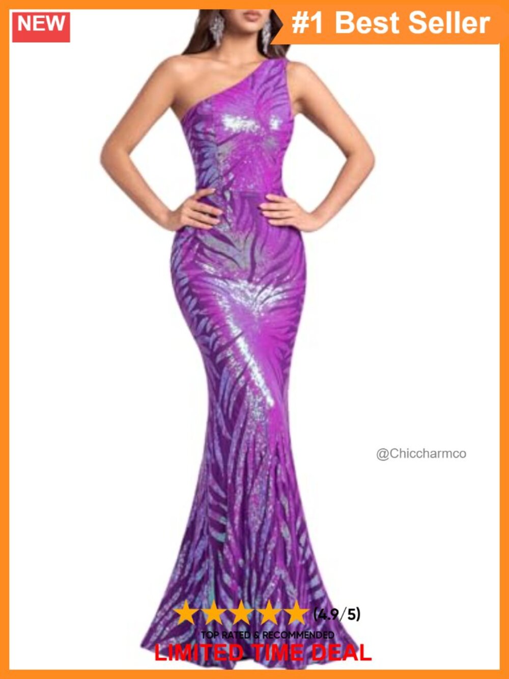 Holographic Sequin One Shoulder Maxi Prom Evening Gown Formal Dress